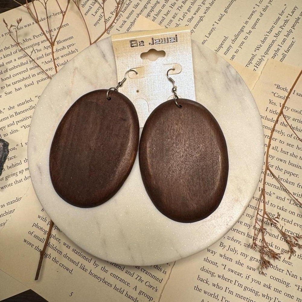 Be Jewel NWT Brown Wood Oval Teardrop Statement Earrings Boho Y2K